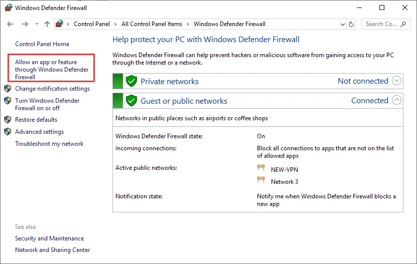 enable Windows firewall feature for the game