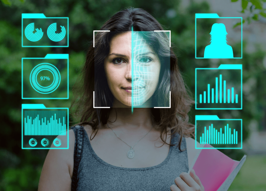 AI-generated human faces on screen showing diversity in age, ethnicity, and expression