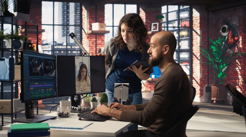 Marketing team using AI face generator tools for ad visuals and mockups